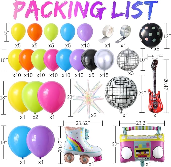 90s Retro Party Balloon Garland Kit,135Pcs Mix Neon Colors Balloon Arch with Radio,Guitar,Roller Skate,Laser Explosion Star,Disco Ball foil Balloons for Back to 80s 90s Rock Theme Party Decorations