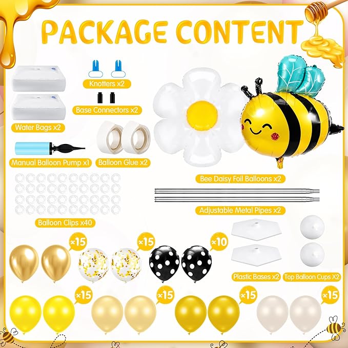 Kasyat 2 Sets Bee Theme Party Balloon Column Stand Kit with Bee Daisy Foil and 100 Latex Balloons, Adjustable Honeybee Balloon Stand Kit for Baby Shower Birthday Party Supplies