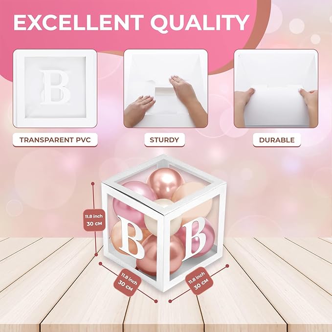 Baby Shower Boxes with Letters – White Boxes with Rose Gold, Dusty Pink, Sand & White Balloons – 44-Piece Gender Reveal & Party Decoration Set by Vellax