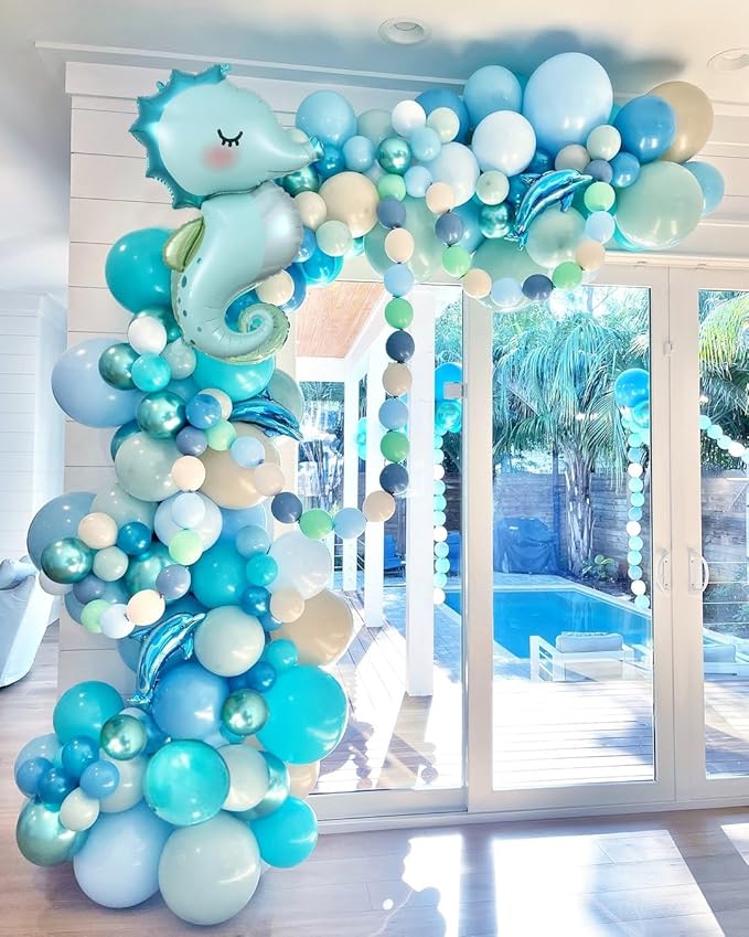 Under the Sea Party Decorations, 154pcs Ocean Blue Balloon Garland Arch Kit, Blue Bubble Balloons with Dolphin Shark Hippocampus Foil Balloon for Ocean Birthday Party Supplies Shark Party Decor