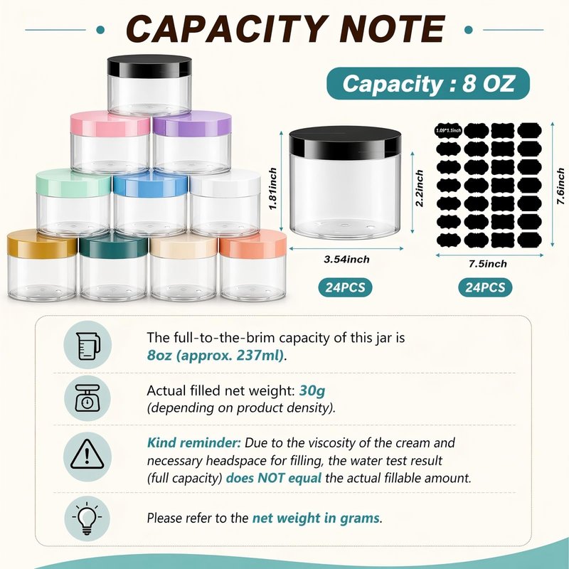 Dandat 24 Pcs 8 oz Plastic Jar Container with Gold Lid and Label Refillable Empty Round Clear PET Cosmetic Sample Slime Containers for Lotion, Cream, Ointments, Body Butter, Makeup Travel Storage