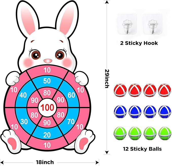 Easter Games for Kids, Large Easter Basket Essentials Dart Board Toy Gifts for Kids Family Teens Boys Girls Toddlers, Happy Party Decorations Centerpieces Party Favor with 12 Stick Balls