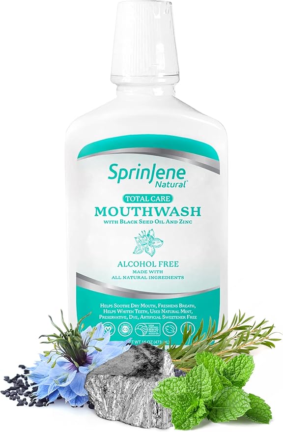 SprinJene Natural Sensitivity Relief, Fluoride Toothpaste for Sensitive Teeth & Gum (4 Pack) + Fluoride Free Mouthwash with Natural Ingredients