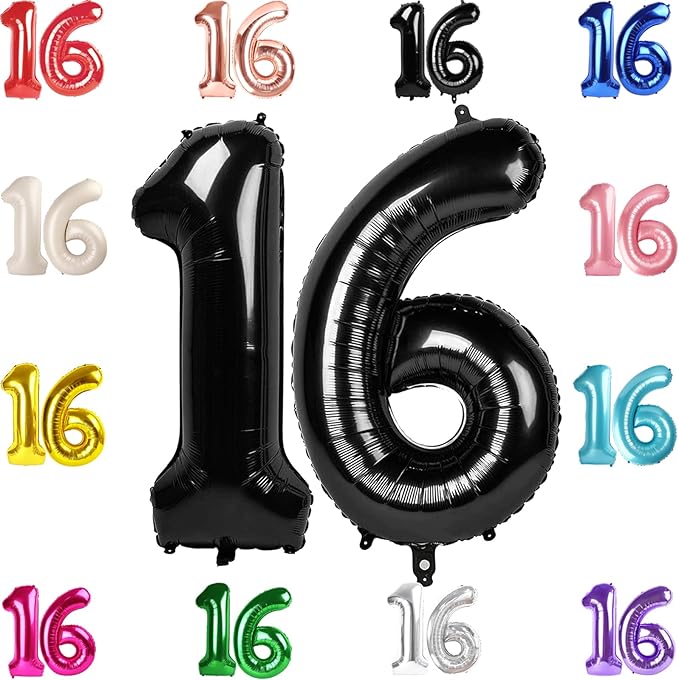 16 Balloon Number, Black Number 16th Birthday Balloons 40 Inch, Sweet 16 Years Old Black Birthday Decorations for Boys Girls, 16th Anniversary Decorations