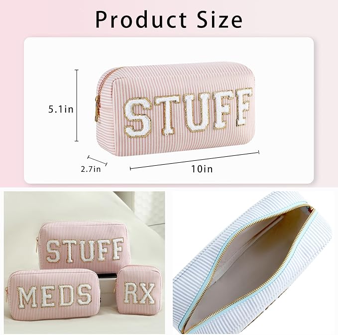 uekeboag Seersucker Chenille Letter Stuff Meds RX Makeup Bag, Travel Washable Purse Organizer with Zipper, Lightweight Toiletry Cute Personalized Preppy Cosmetic Bag For Women and Girls(02Pink Stuff)