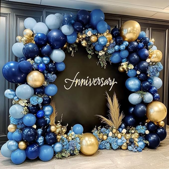 Navy Blue Gold Balloon Arch Kit - Double Stuffed Royal Dusty Blue Gold Balloon Garland Latex Pastel Dark Different Sizes for Graduation Birthday Wedding Baby Shower Anniversary Father's Day Decor