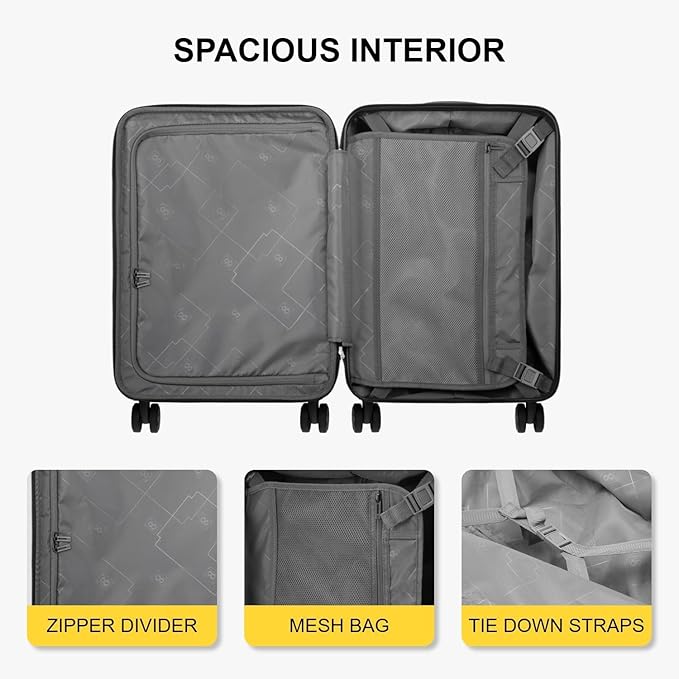 LEVEL8 Lightweight Carry-on Suitcase 20-Inch,Expandable 4 Wheel Hand Luggage, ABS+Poly-Carbonate Hardshell Spinner Trolley for Luggage with Double TSA-Approved Locks, Black, 37*24*55.5CM, Casual and