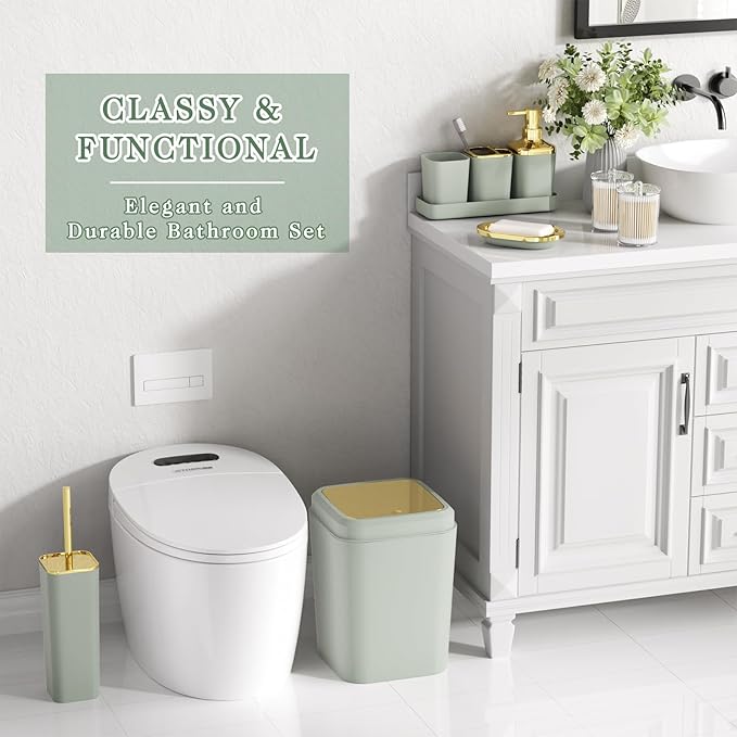 Sage Green Bathroom Set - 24PC Bathroom Sets with Shower Curtain and Rugs, Sage Green Bathroom Accessories Set with Press-on Lid Bathroom Trash Can, Soap Dispenser