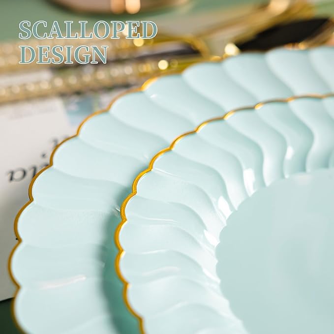 Lullaby 60PCS Sage Green Scalloped Plastic Plates with Gold Rim, Includes 30PCS Dinner Plate 10.25'' and 30 PCS Dessert Plate 7.5'', Green Disposable Plates for Party, Birthdays, Wedding and Daily Use