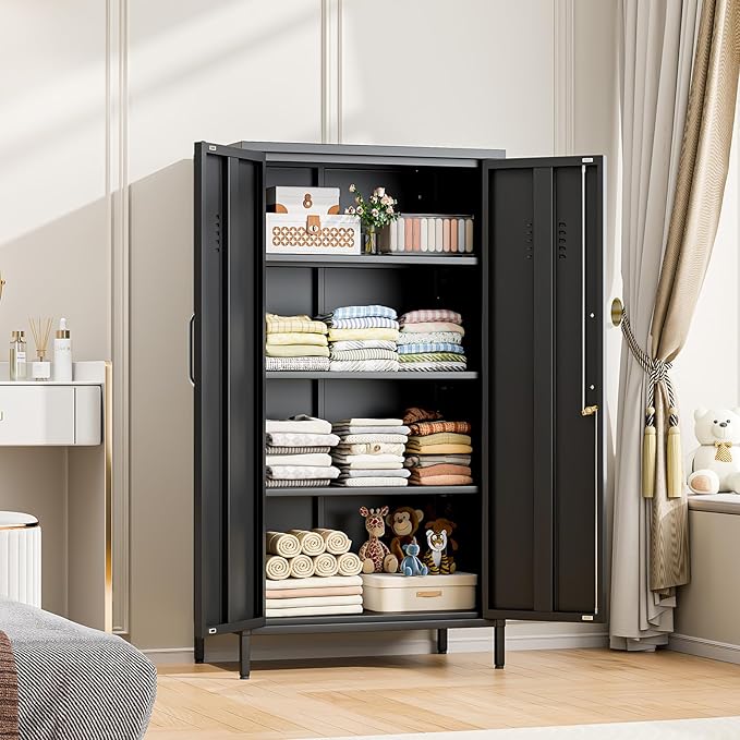 Narrow Storage Cabinet 51.18" H Bathroom Cabinet Metal Pantry Cabinets, 3 Adjustable Shelves for Kitchen, Home Office, Living Room, Dinning Room (30 inches Wide Black)