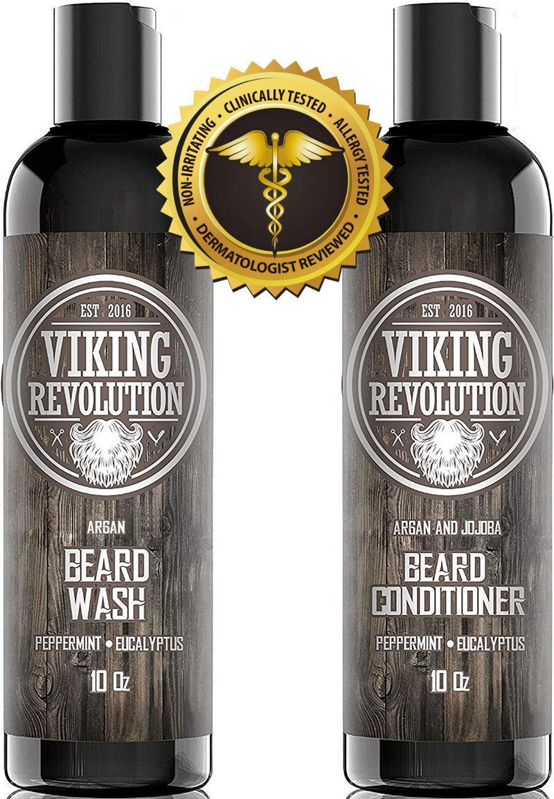 Viking Revolution Beard Shampoo and Conditioner Set - Top-tier Beard Care Kit with Argan & Jojoba Oils for Healthy Beard Growth, No Itching or Irritation, Rich Lather, Eucalyptus Scent (10 oz)