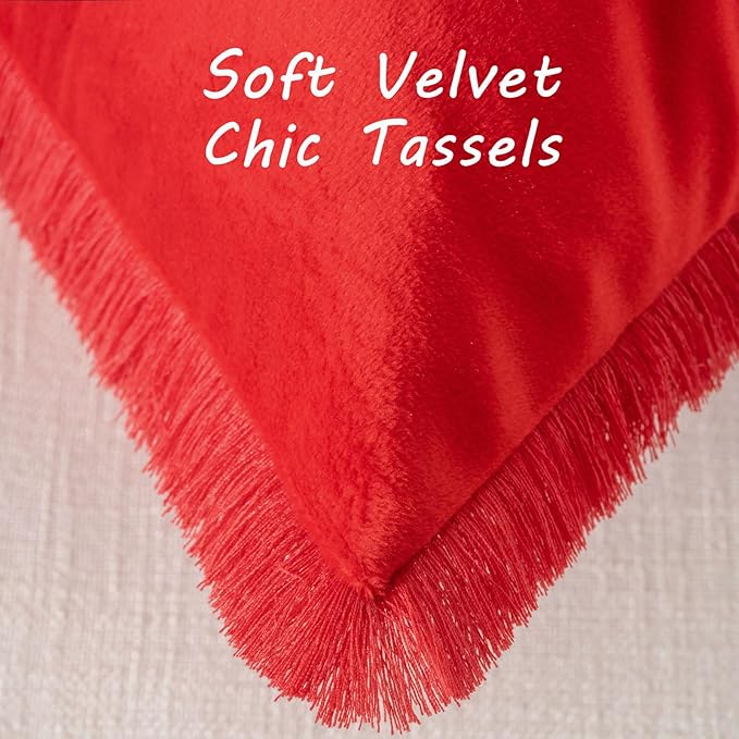 FUTEI Christmas Red Velvet Decorative Throw Pillow Covers 22x22 Set of 2,Soft Cozy Edge with Tassels Cushion Case,Boho Modern Home Decor for Couch Bed Living Room