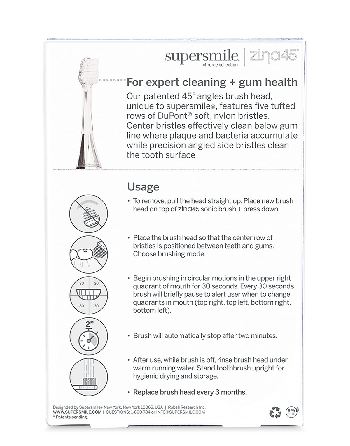 Supersmile Zina45 Replacement Brush Heads, Silver, 2-Pack