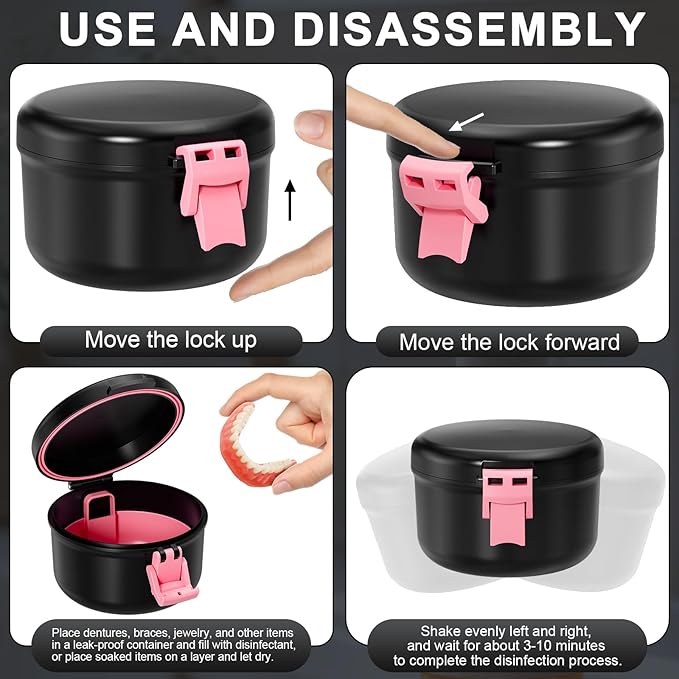 Leak Proof Denture Case, Travel Denture Bath Cup for Soaking Dentures & Retainer, Retainer Cleaner Case, Round False Teeth Container, Black+Pink.