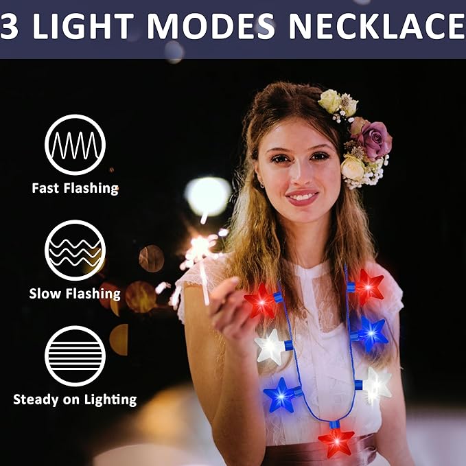 10PCS Independence Day Necklace Accessories, 4th of July Light up Necklaces Bulk, LED Patriotic 7 Bulb Red Blue Whtie Stars Necklaces, Glow Necklace for 4th of July Memorial Day Parades Party Favors