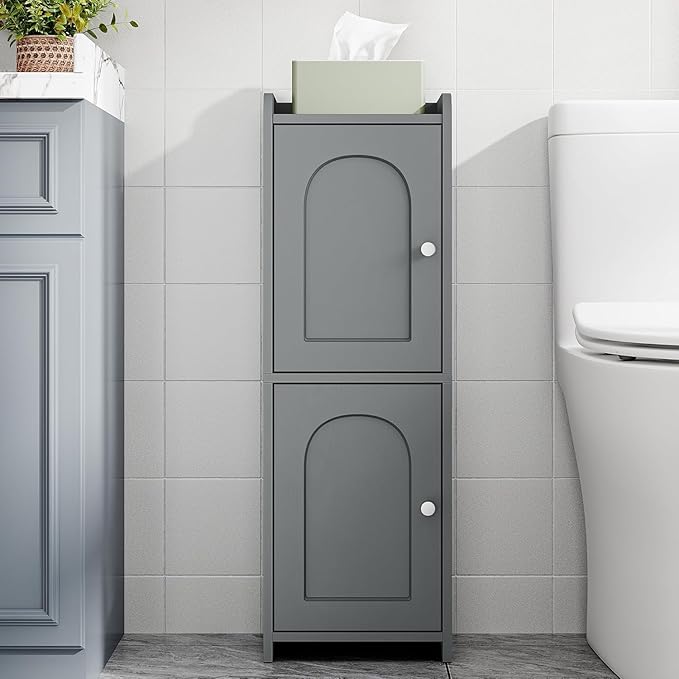 Bathroom Storage Cabinet, Corner Floor Cabinet with 2 Doors and Adjustable Shelf, Narrow Toilet Paper Cabinets, Bathroom Organizer for Small Spaces, 7.9" D x 9.8" W x 29.5" H Gray