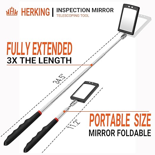 HERKING Stocking Stuffers for Men - Telescoping Inspection Mirror with LED Light, Square Mechanic Mirror Tool, Christmas Gifts for Men, Mens Gifts Idea for Dad, Husband, Boyfriend, Handyman