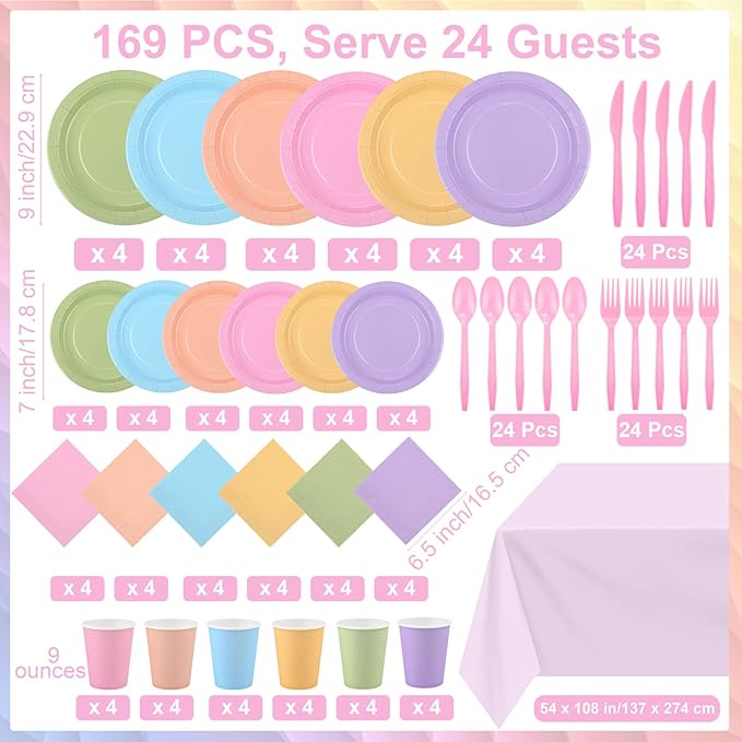 Kochorie 169 Pieces Pastel Party Supplies Disposable Dinnerware Set Include Plates and Cups Napkins Plastic Forks Knives Spoons Tablecloth for Wedding Birthday Party Decorations, Serve 24 Guests