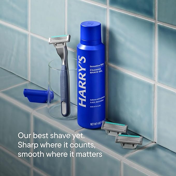 Harry's Plus Starter` Shaving Kit for Men - Premium Handle, 5 Razor Blade Cartridges, Foaming Shave Gel, and Travel Blade Cover - Advanced Pivoting System - Moss