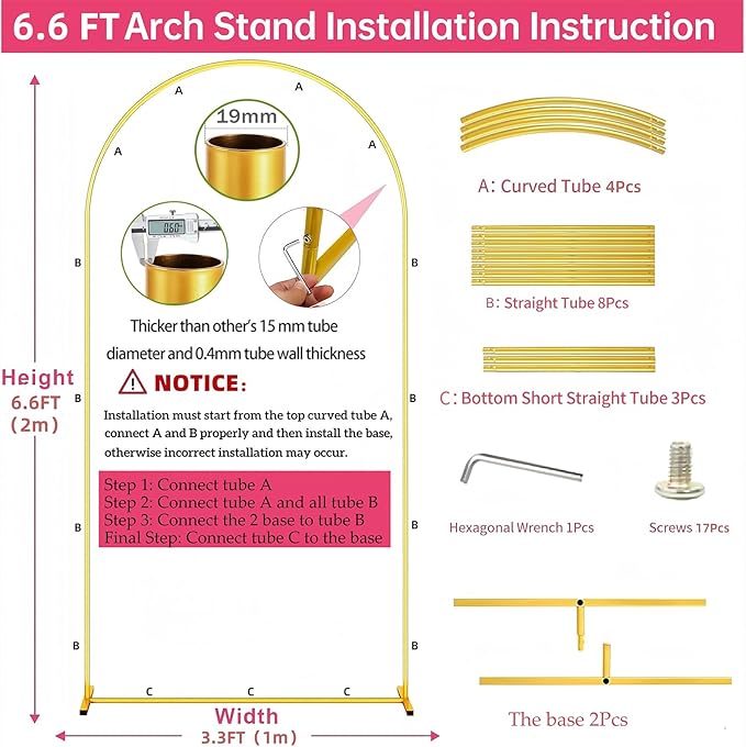 6.6FT Metal Wedding Arch Stand Gold Square Arched Backdrop Frame for Party Ceremony Valentines Day Birthday Bridal Baby Shower Garden Floral Balloon Arch Decoration
