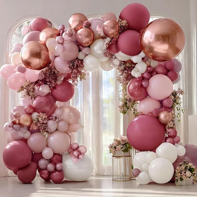 Dusty Rose Pink Balloon Garland Double Stuffed Dark Pink Mauve Pearl White Latex Balloons Blush Cream Balloon Arch Kit for Birthday Bridal Baby Shower Wedding Mother's Day Party Decorations