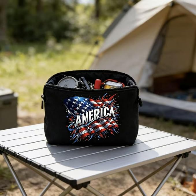 GRITOSE Independence Day Makeup Bag Black Small Toiletry Bags with America Flag designs Patriotic Supplies July 4th Stationery Storage Accessories for Women Men Work Travel Pouch Kit with Zipper Gift