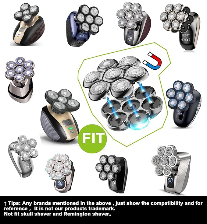 Universal Magnetic Interface 7 Blades Head Shaver Replacement Heads for Freedom Series Head Shaver, Universal Replacement Heads Wet and Dry (7 Blades, Magnetic Interface)