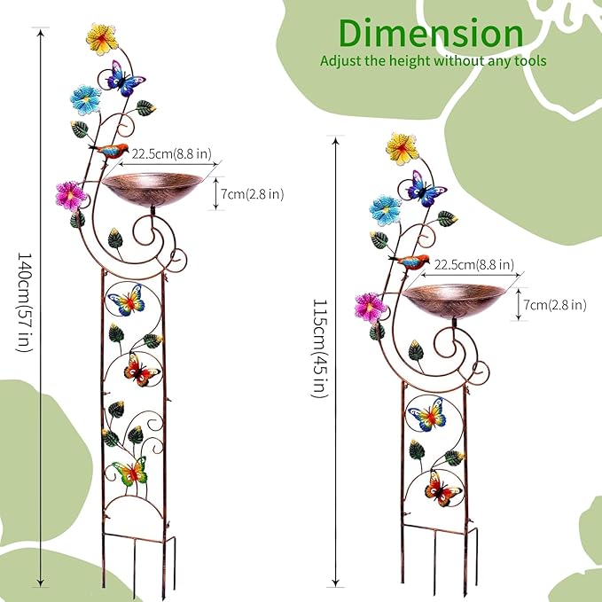 57" Height Metal Bird Bath with Trellis for Outdoor, Vintage Decorative Bird Baths, Small Garden Plant Support, Antique BirdBath for Climbing Plants with Detachable Iron Bowl (Butterfly)