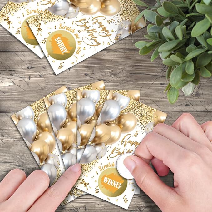 Haizct 50 Pack White Gold Birthday Party Scratch Off, Gold White Glitter Balloons Scratch Card for Birthday Partys Lottery Group Game Party Raffle Tickets, Bridal Shower Bachelor Game