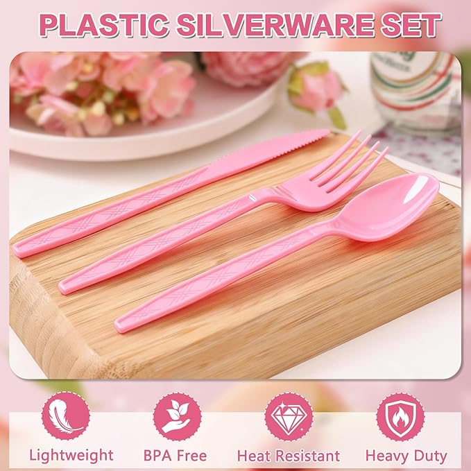 360-Pack Plastic Pink Silverware Set, Disposable Cutlery Set, Plastic Forks and Spoons Knives Utensils Set (120 Each) for Valentine's Day, Baby Shower, Bridal Shower, Princess Party, Easter