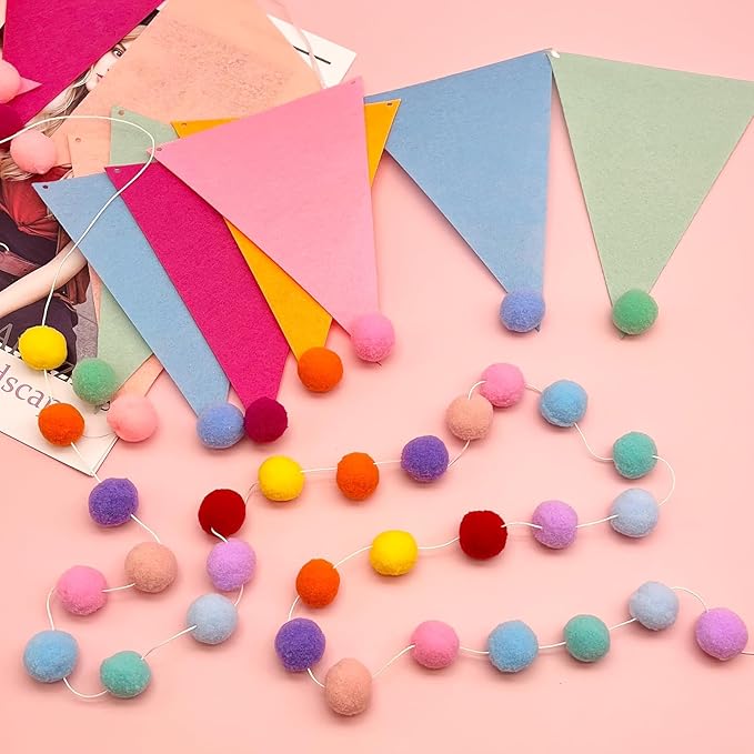 4 Pack 26.3 Feet Colorful Pom Pom Garland Felt Bunting Banner Hanging Decor, Rainbow Ball Decoration for Easter Christmas Tree Classroom Back to School Birthday Party Decorations