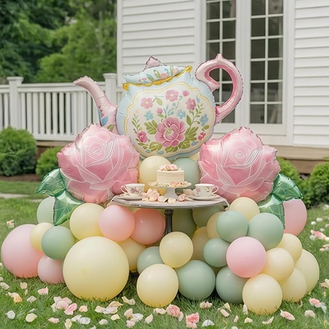 Spirng Tea Party Balloon Garland Kit Pastel sage green pink balloons With Teapot & Rose mylar balloons for outdoor garden Let's Par Tea Girls Birthday Alice in Wonderland decorations