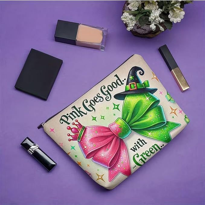 Small Makeup Bag with Zipper for Women with Pink Green Glitter Bow designs Cosmetic Pouch Friends Gifts Cute Toiletry Bags for Birthday Graduate Travel Supplies Accessories