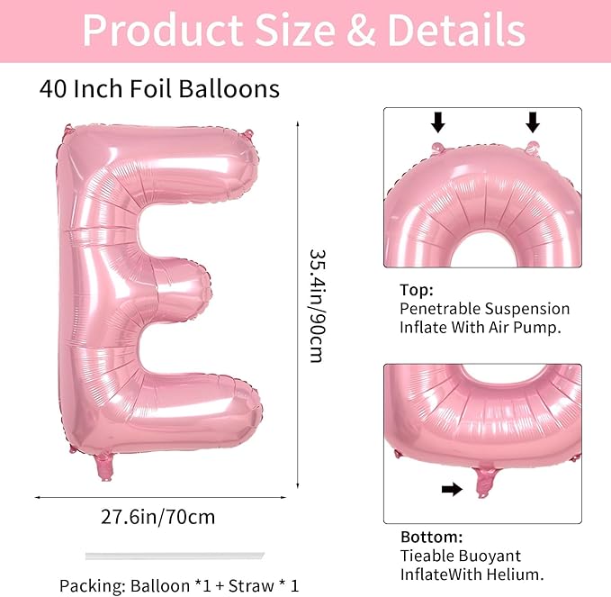 40 Inch Pink E Balloon - Large Light Pink Letter Balloon, Single Foil Alphabet E, Big Baby Pink Name Letters - Helium for Girls Women Birthday Party Wedding Anniversary Decoration