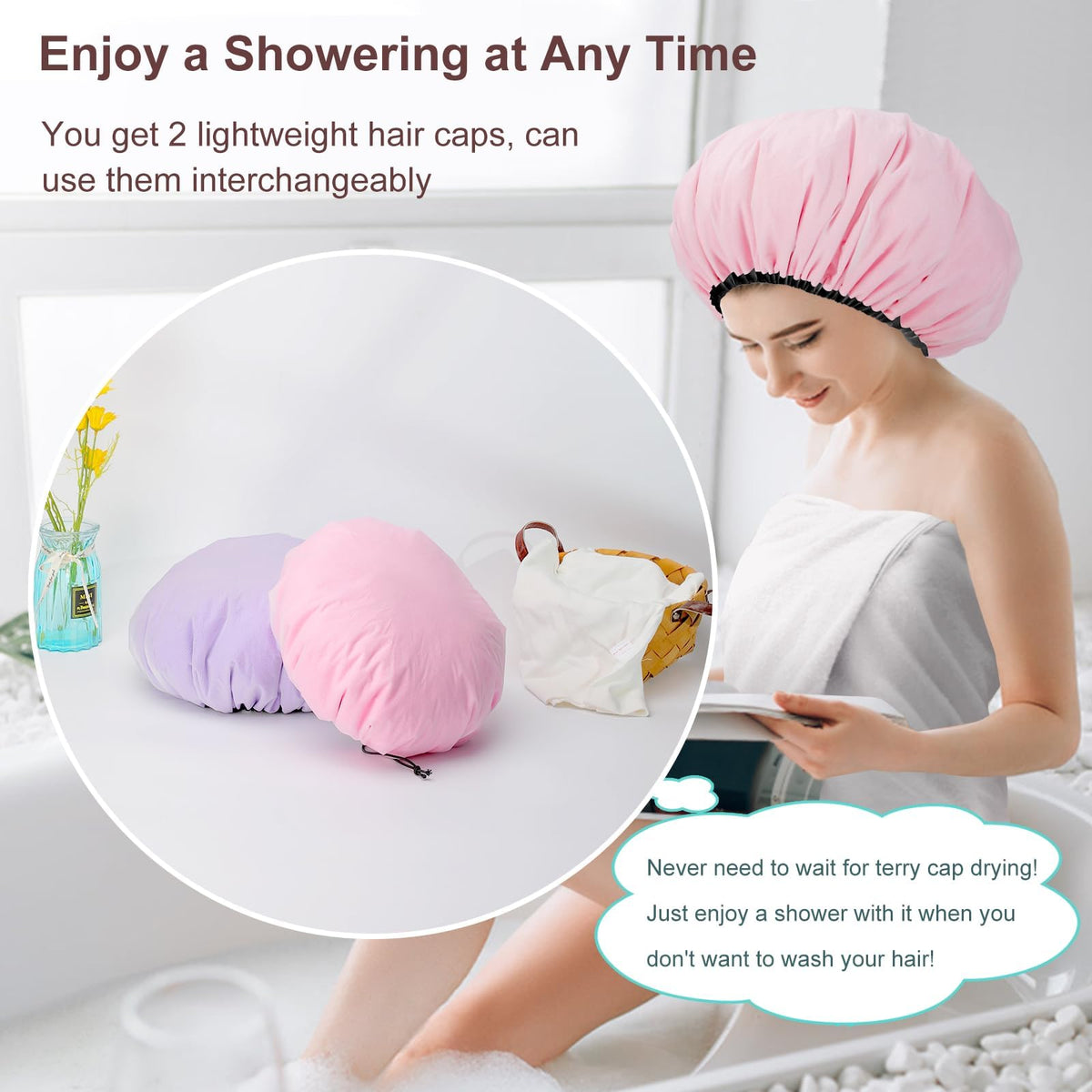 Sheomern 2 Pcs 16.5"Jumbo Adjustable Terry Cloth Lined Shower Caps for Long Hair & Braids, Extra Large Dual Waterproof Hair Cap for Women & Men, Reusable XXL for Dreadlocks, Locs