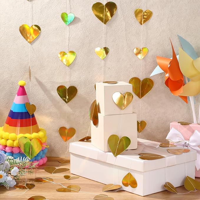 10 Pack 130ft Champagne-Gold Holographic Heart Party Garland Asymmetrical Love Hanging Banners for Birthday Wedding Engagement Bachelorette Neutral Baby Bridal Shower Decorations