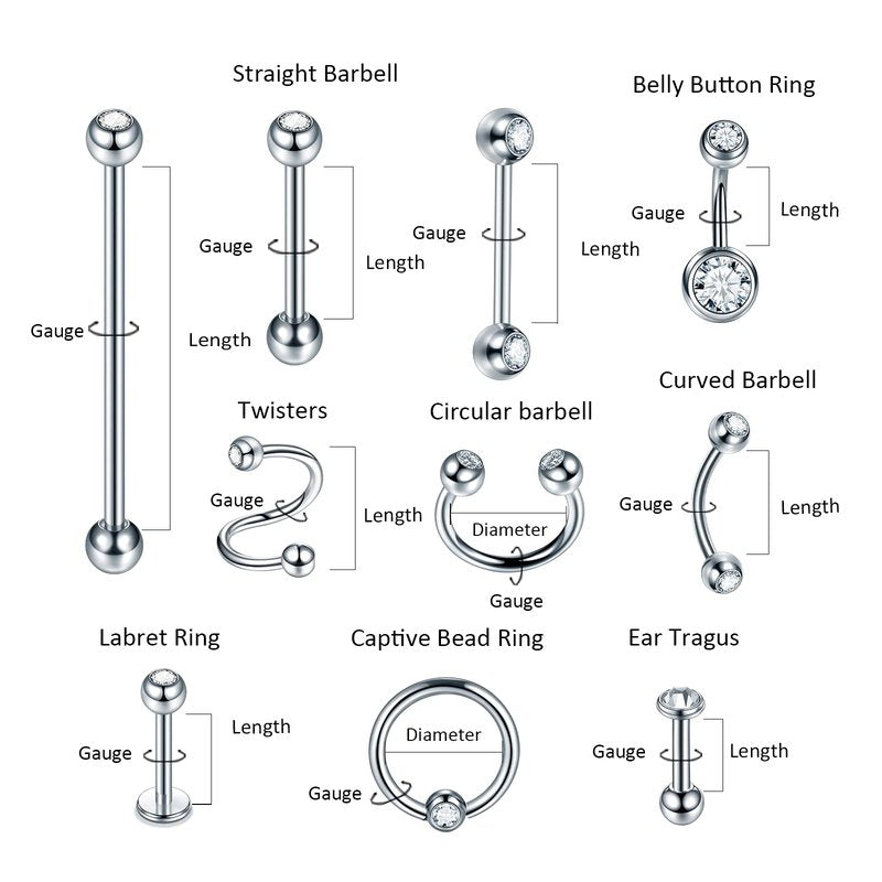 Oveta 100PCS Piercing Kit Stainless Steel 14G 16G 20G Nose Studs Lip Tongue Trague Cartilage Helix Daith Eyebrow Belly Button Ring Body Piercing Jewelry