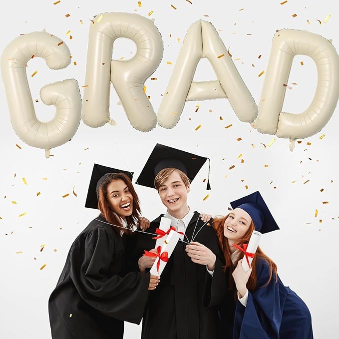 Biapian 40 Inch GRAD Balloons, Cream Letter Balloon, Beige Graduation Decorations, Large Banner With White Ribbon for Class of 2024 Party