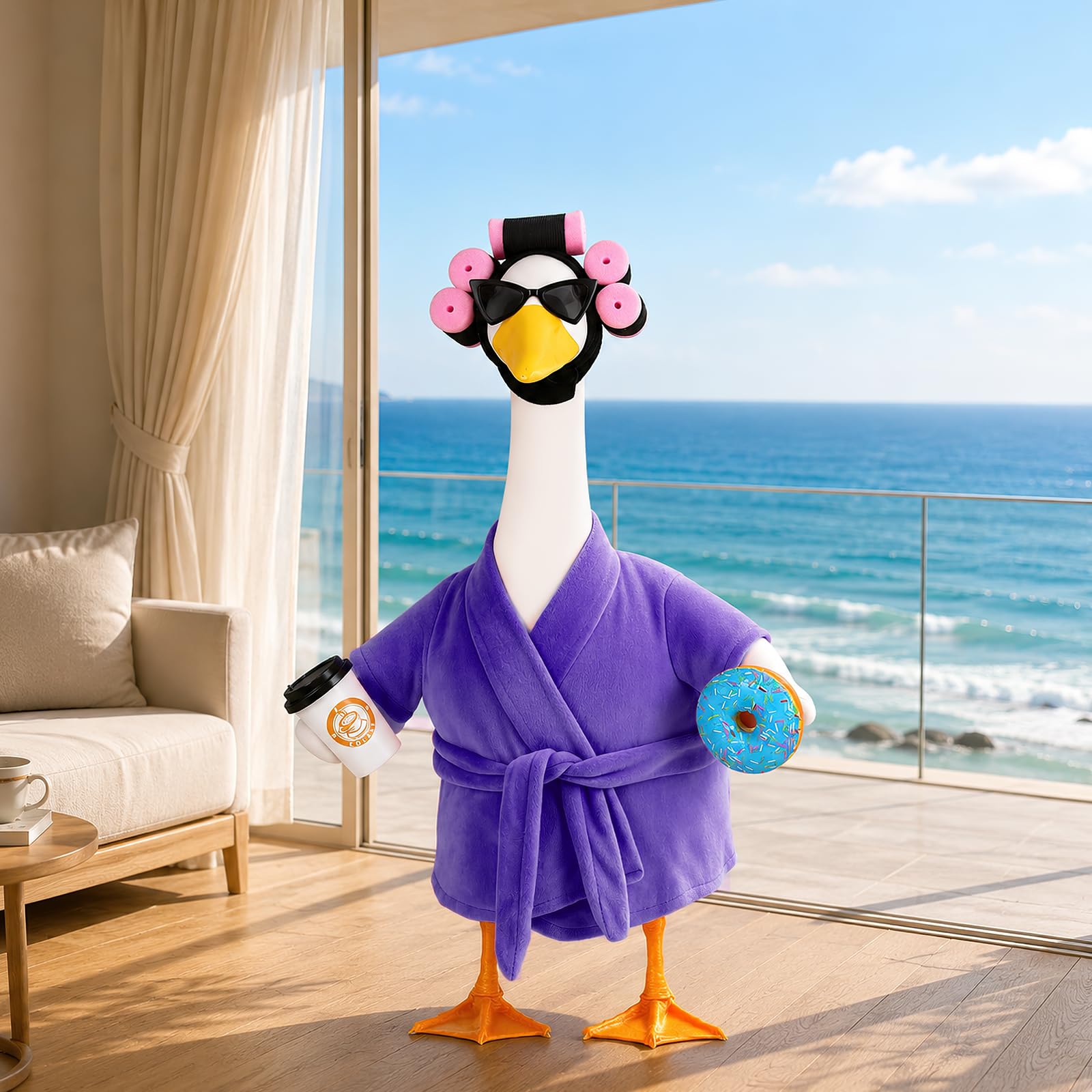 Porch Goose Outfits, Bathrobe Goose Outfit with Curlers Sunglasses Coffee Cup Donut, Hawaiian Beach Vacation Style Goose Clothes for 23'' Goose Statue, Lawn Yard Garden Patio Pool Party Decor (Purple)