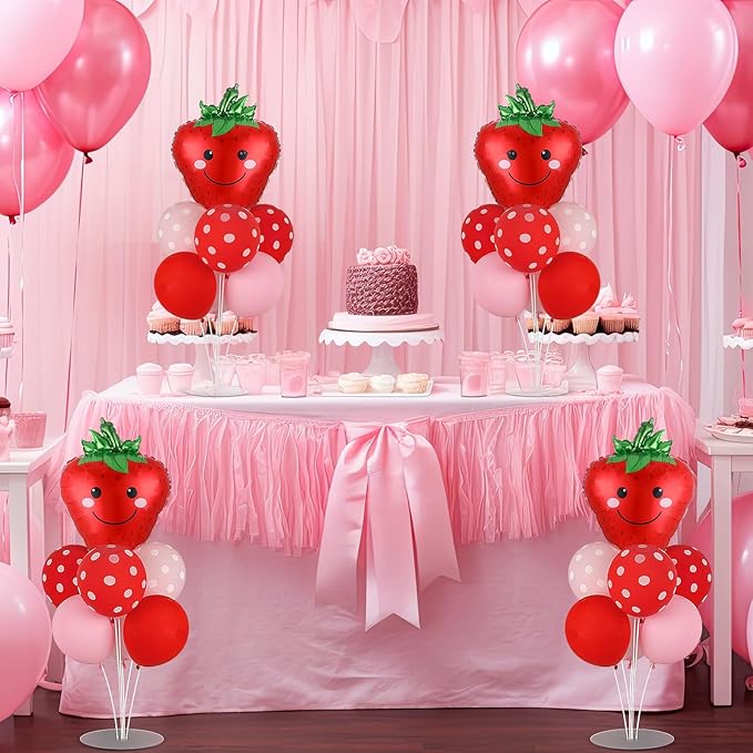 4 Sets Strawberry Party Balloons Stand Kit with Strawberry Foil Balloons Sweet 1st Party Balloon Centerpiece for Tables for Girls Birthday Baby Shower Decoration