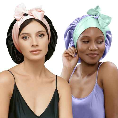 100% Mulberry Silk Bonnet for Curly Hair - Double Layer Silk Hair Wrap – Non-Slip Silk Turban Gift Idea - Reversible Hair Silk Bonnet for Sleeping Women - Silk Cap for Sleeping - Wonder Loop - 2 Pack