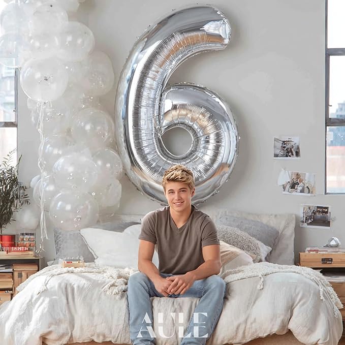 AULE 40 Inch Big Silver 6 Balloon Number Large Foil Helium Number Balloons 0-9 Jumbo Giant Happy 6th Birthday Party Decorations for Boy or Girl Huge Mylar Anniversary Party Supplies