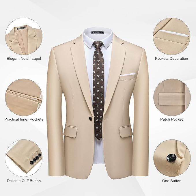 WULFUL Men's 2 Piece Slim Fit Suit Set One Button Blazer Jacket Pants Tuxedo Set for Party, Wedding and Business