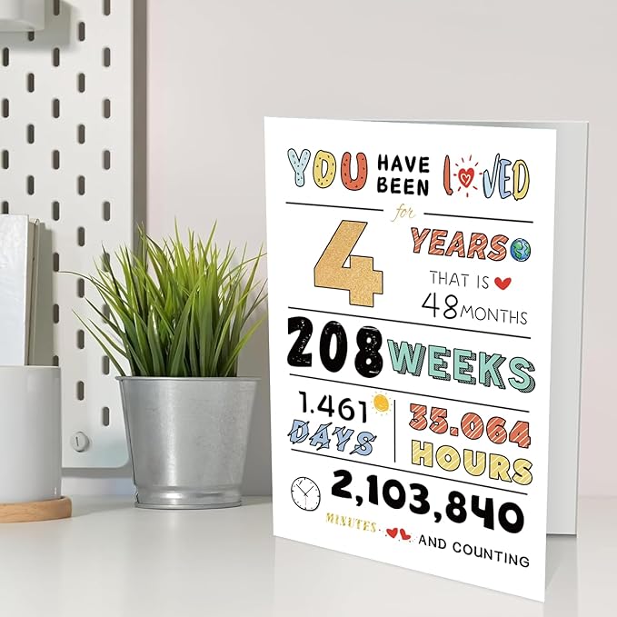 Cute 4th Birthday Card for Girl Boy, Perfect Four Years Old Birthday Card for Son Daughter Grandson Granddaughter, Happy 4 Years Old Kid Birthday Card From Dad Mom Grandparent
