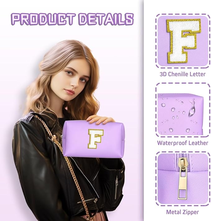 TOPEAST Preppy Patch Makeup Bag, Chenille Letter Pouch Cosmetic Bag, PU Leather Waterproof Toiletry Bag, Personalized Birthday Gift for Women Girl, Cute Stuff for Girls (Purple B)