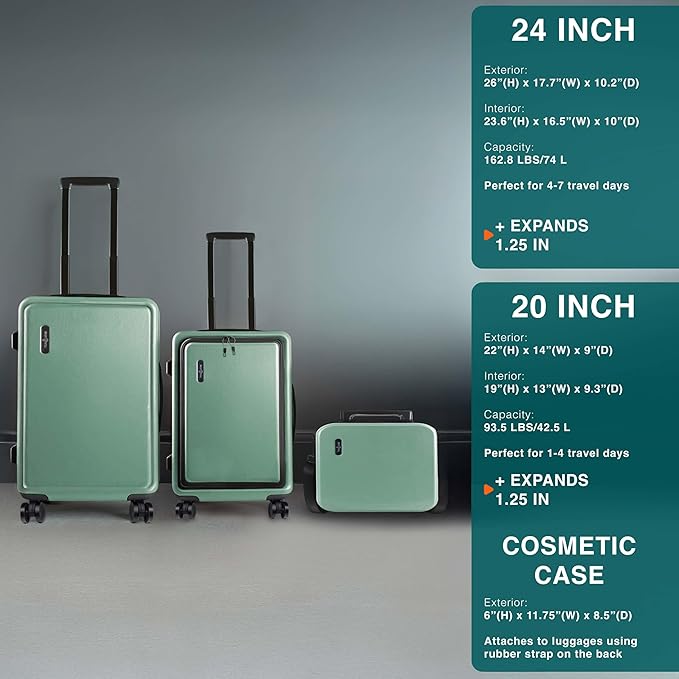 TRAVELARIM Luggage Sets 3 Piece, 20 Inch Carry on Luggage and 24 Inch Suitcases with Wheels Spinner, Durable Hard Shell Suitcase Set, Expandable Travel Suitcase, Sage Green
