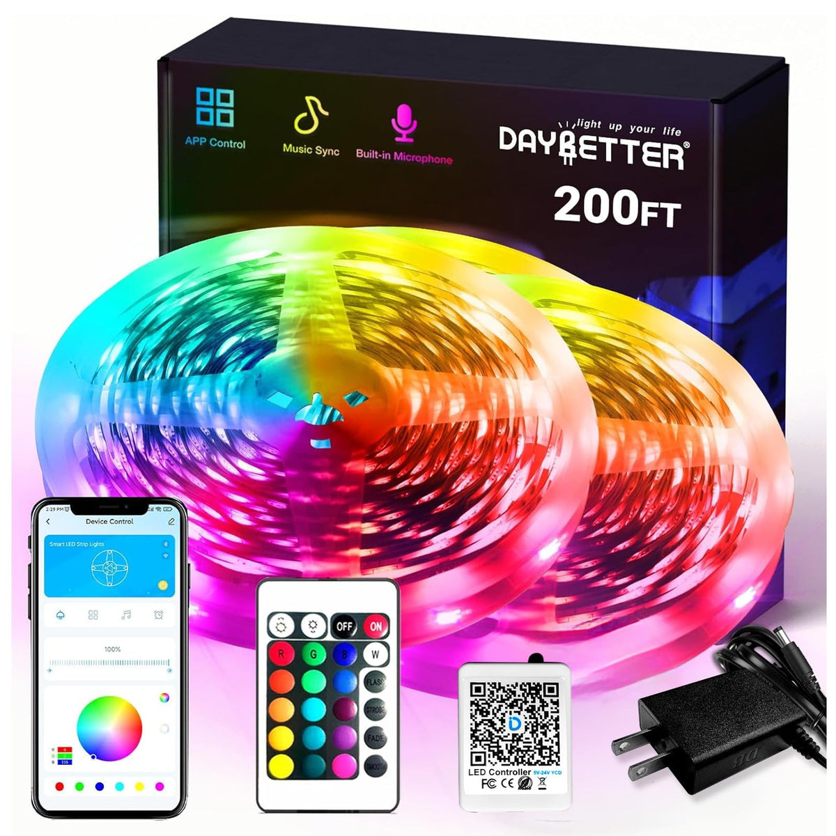 DAYBETTER Smart RGB Led Strip Lights, 200ft Led Lights for Bedroom with App Control, Multicolor Changing Led Light Strips Apply for Home Decor, Living Room, Kitchen, Home Party Decoration