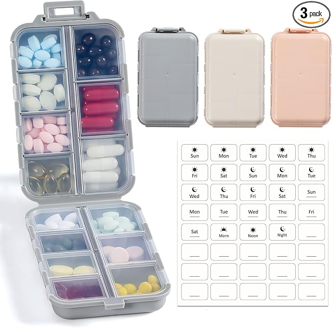 LANDNEOO 14 Grids Pill Organizer Box with Labels, Travel Medication Holder Dispenser Case Kit, Pocket Daily Pharmacy Container for Fish Oil Vitamin Supplement Storage, Khaki Pink Grey, 3 Pack