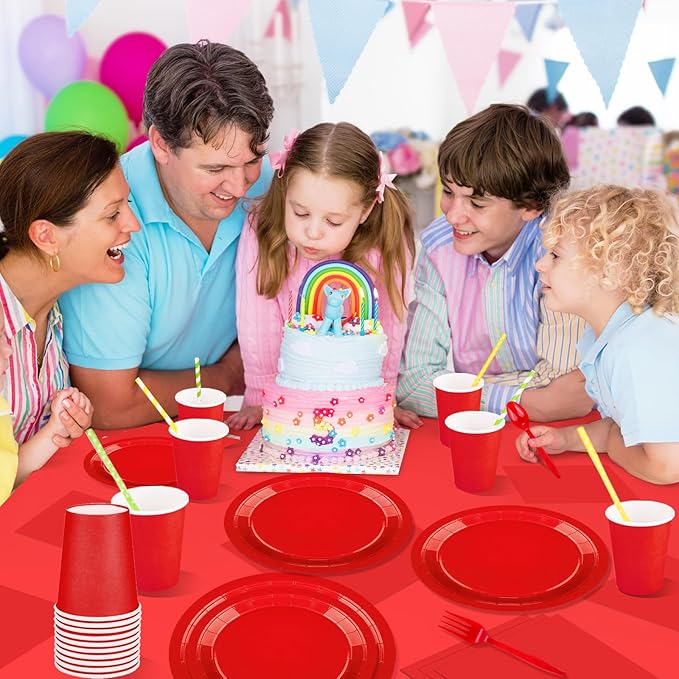 TWOWYHI 229PCS Red Party Supplies Set Paper Disposable Plates Cups Plastic Spoons Forks Knives Red Napkins for 30 Guests Disposable Party Dinnerware Sets for Wedding Birthday Parties