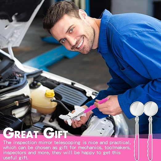 2 Pcs Telescoping Inspection Mirrors, Mechanics Mirror Tool with Long Handle, Round Extendable Mirror on a Stick for Technicians Mechanics Contractors Checking Observation(50mm,Pink)
